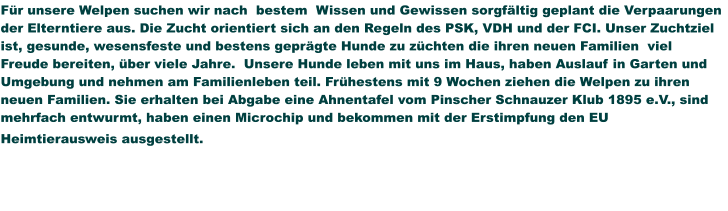 Für unsere Welpen suchen wir nach  bestem  Wissen und Gewissen sorgfältig geplant die Verpaarungen der Elterntiere aus. Die Zucht orientiert sich an den Regeln des PSK, VDH und der FCI. Unser Zuchtziel ist, gesunde, wesensfeste und bestens geprägte Hunde zu züchten die ihren neuen Familien  viel  Freude bereiten, über viele Jahre.  Unsere Hunde leben mit uns im Haus, haben Auslauf in Garten und Umgebung und nehmen am Familienleben teil. Frühestens mit 9 Wochen ziehen die Welpen zu ihren neuen Familien. Sie erhalten bei Abgabe eine Ahnentafel vom Pinscher Schnauzer Klub 1895 e.V., sind mehrfach entwurmt, haben einen Microchip und bekommen mit der Erstimpfung den EU Heimtierausweis ausgestellt.
